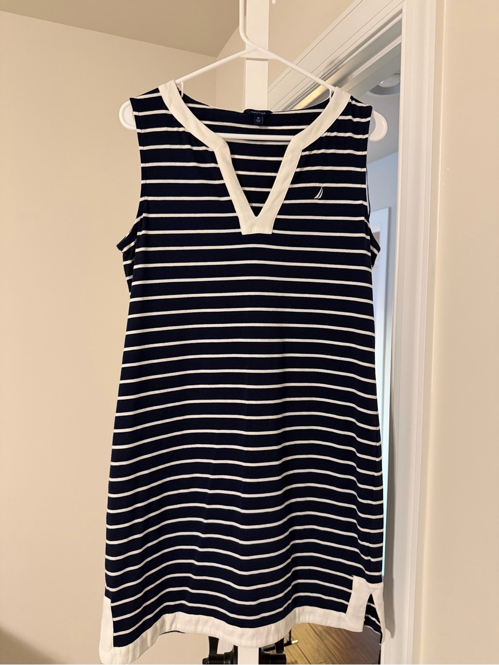 Nautica Navy Blue and White Striped Sleeveless Dress - Size Medium